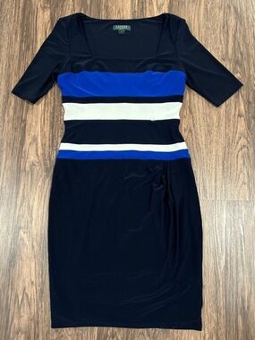 EUC RALPH LAUREN Black and Blue Striped Knit Dress w/ Small sleeves, Washable